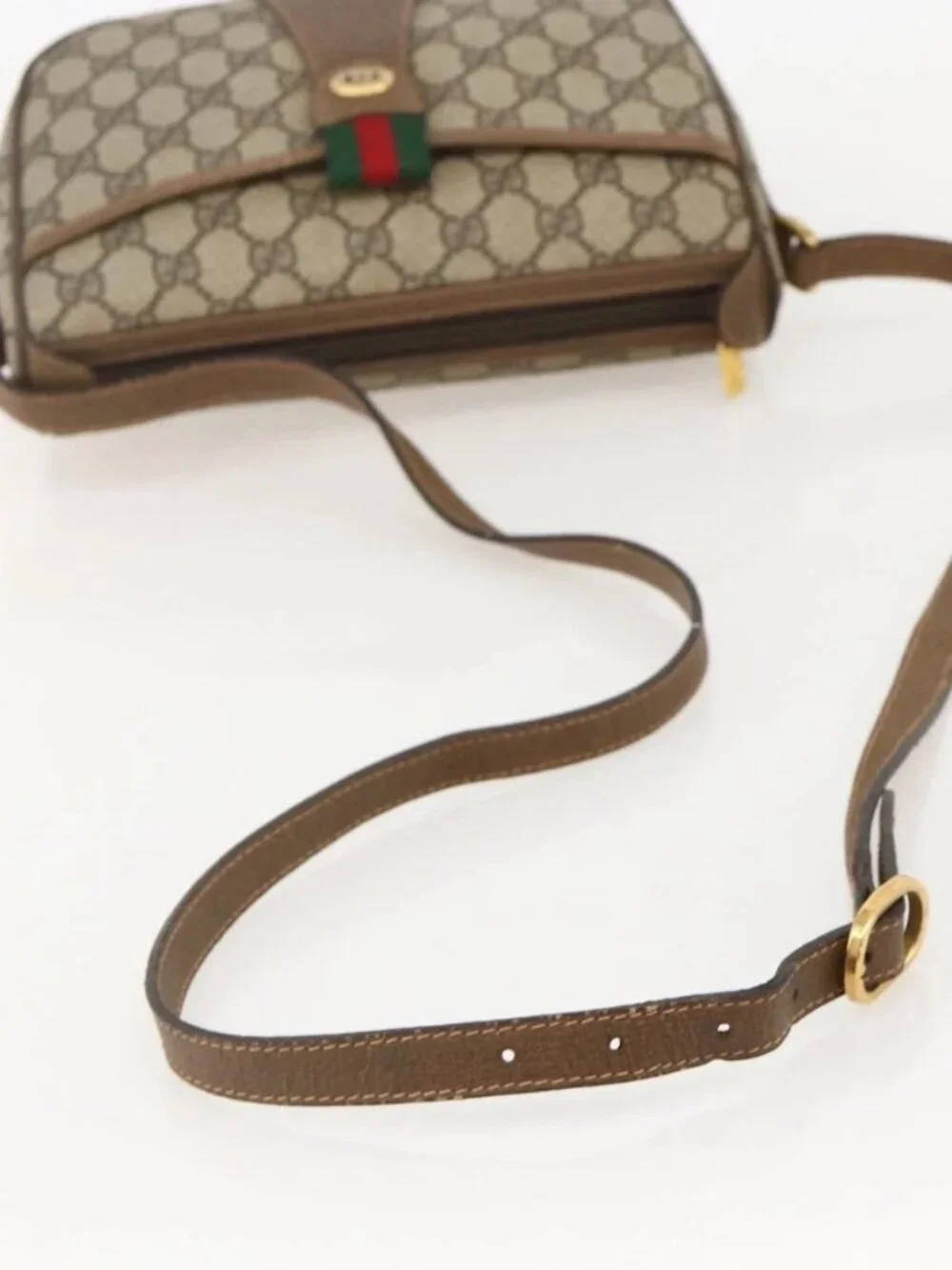 GUCCI GG Supreme Web Sherry Line Shoulder Bag PVC Beige Gold Auth 175956